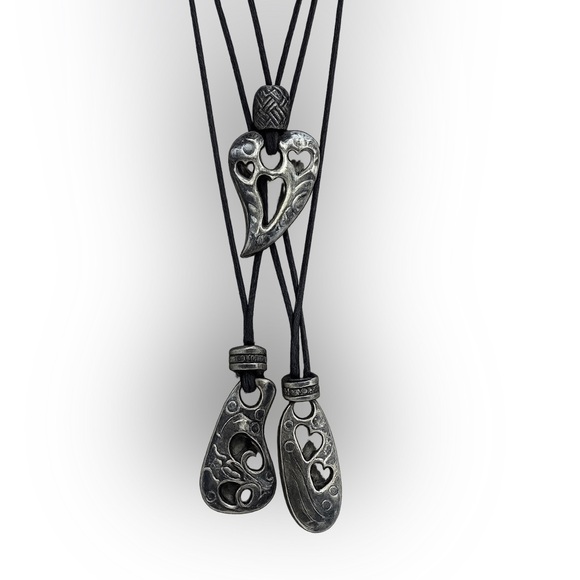 Vintage Jewelry - Vintage Multi Strand Cord Necklace - Black Silver Heart Drop